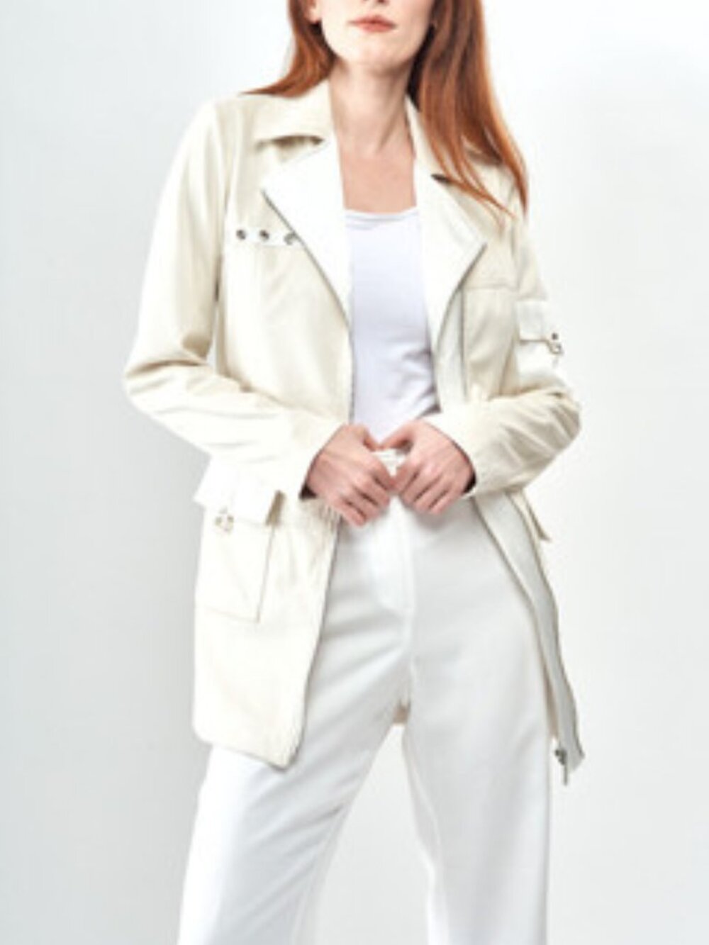 Insight NEW Long Jacket White Vegan Leather Knit Sleeves Women's 12 - Picture 13 of 16